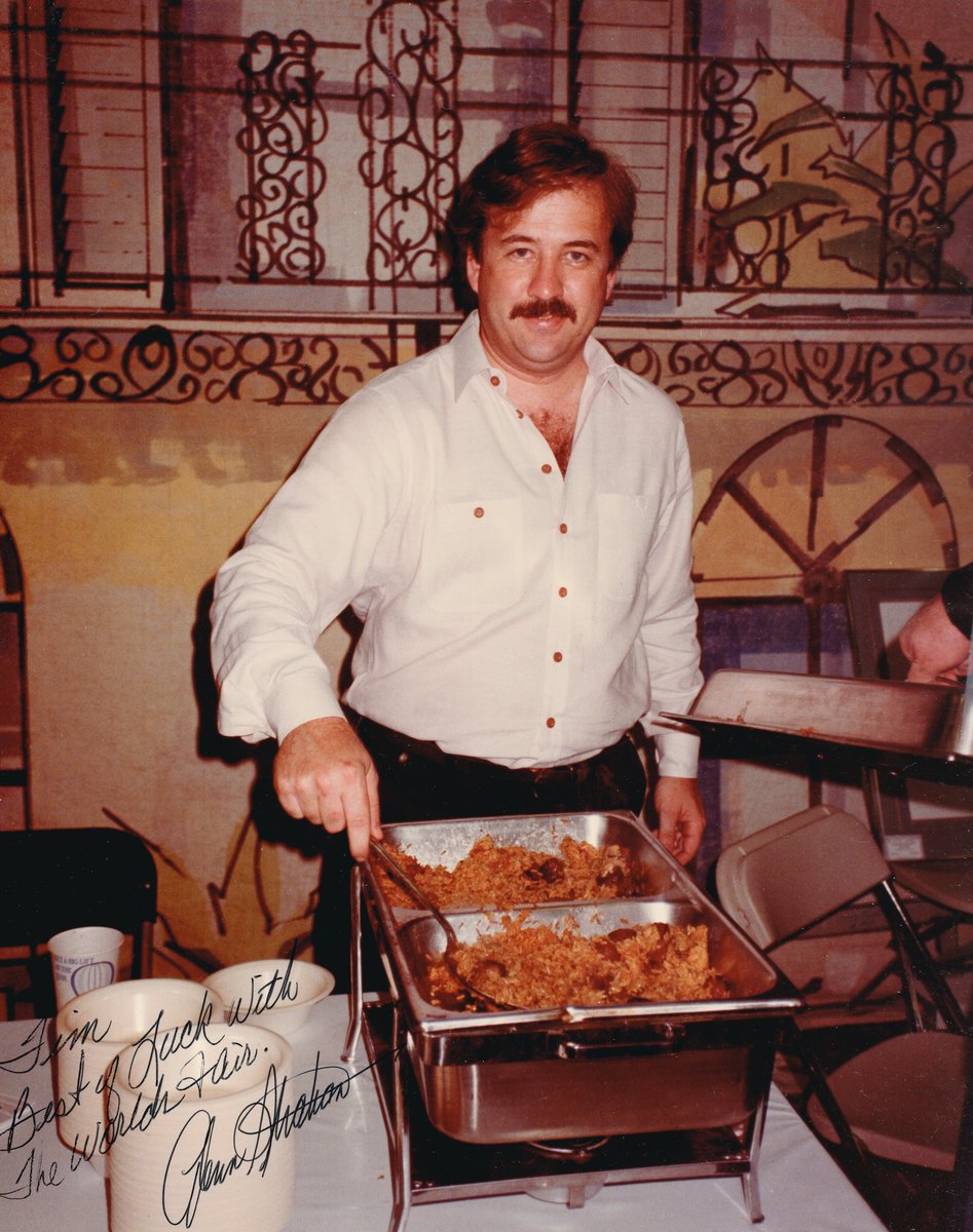 Cooking jambalaya at the food trial for the 1984 World's Fair, which led to the chef role at Pete Fountain's Reunion Hall.