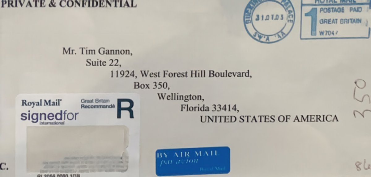 A letter from Buckingham Palace. No stamp required.