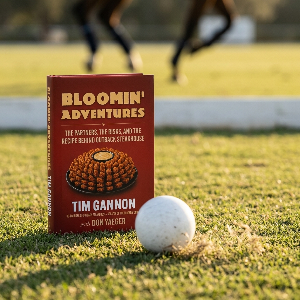 Bloomin' Adventures book on a polo field with polo ball and horses in the background