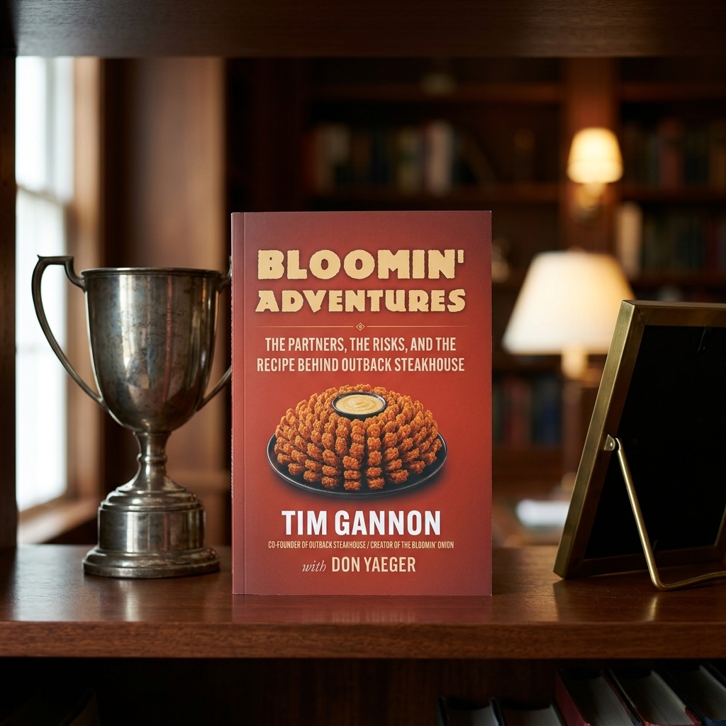 Bloomin' Adventures book on a wooden shelf next to a polo trophy