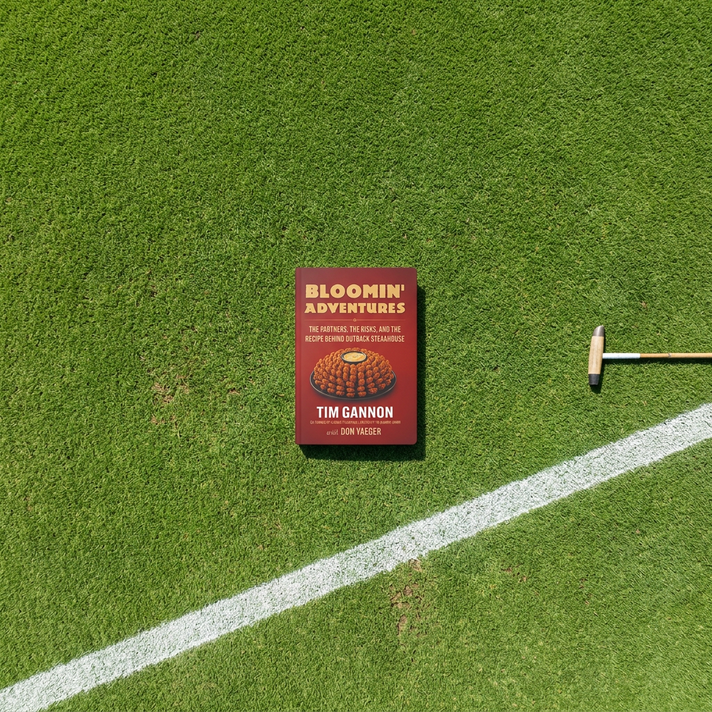 Aerial view of Bloomin' Adventures book on polo field grass with mallet