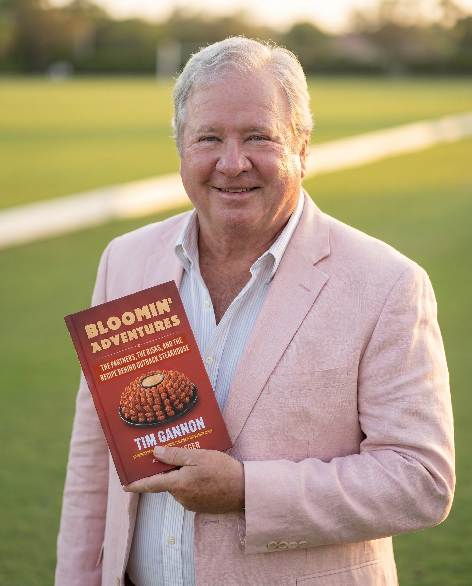 Tim Gannon holding Bloomin' Adventures on the polo field at sunset